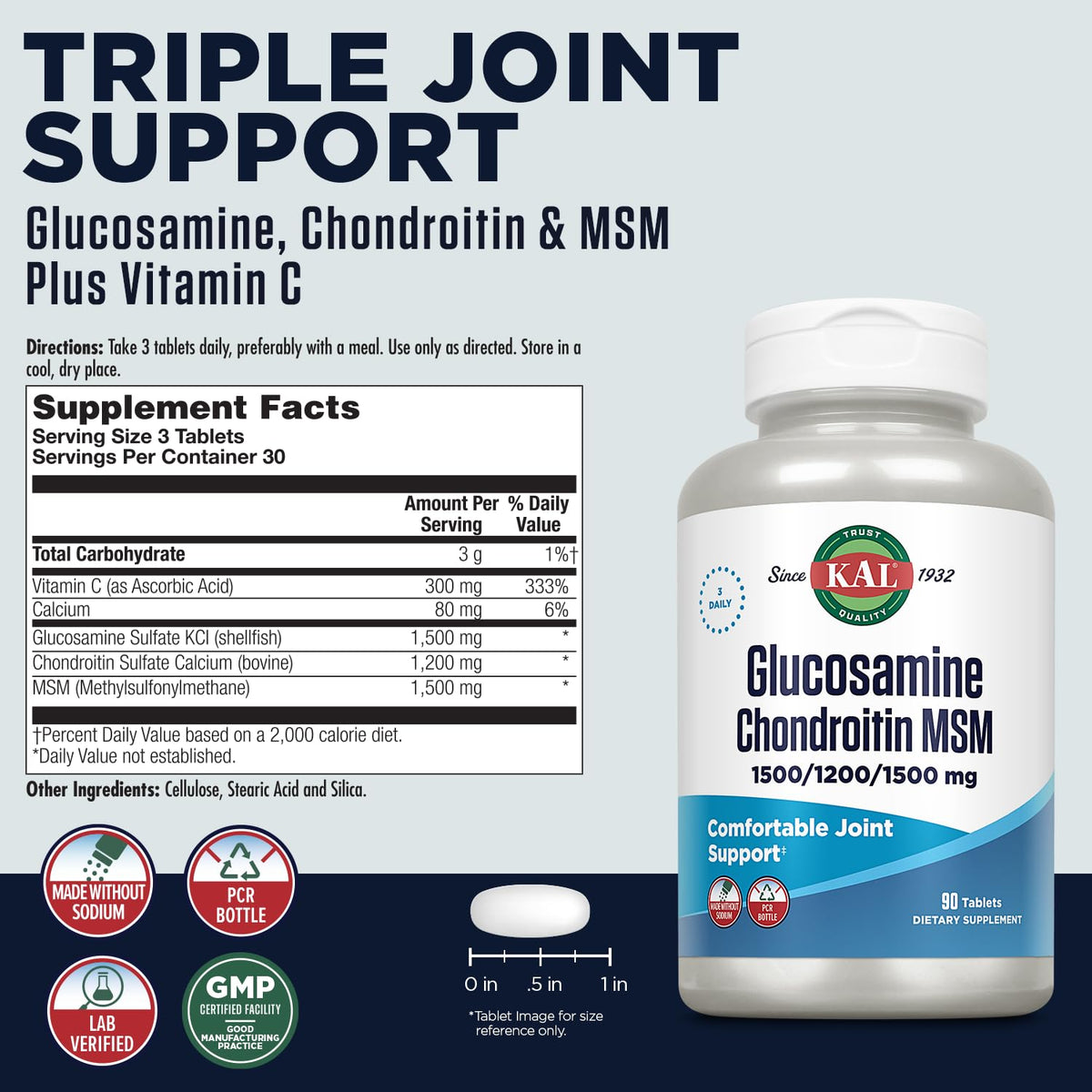 KAL Glucosamine Chondroitin MSM 1500mg étiquette