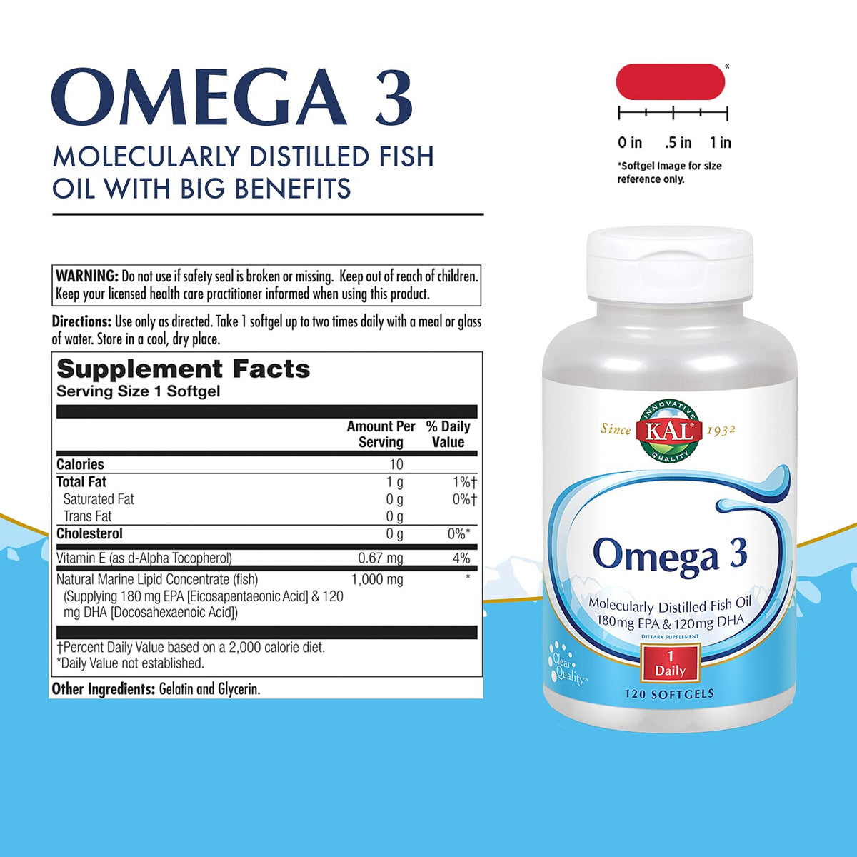 KAL Huile de Poisson 1280 mg Omega 3 gélules side view