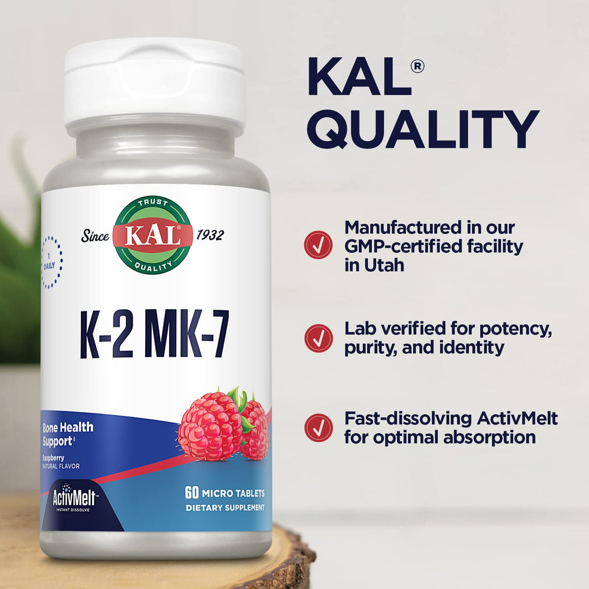 KAL K2 MK7 100 mcg micro-tablette avec framboise