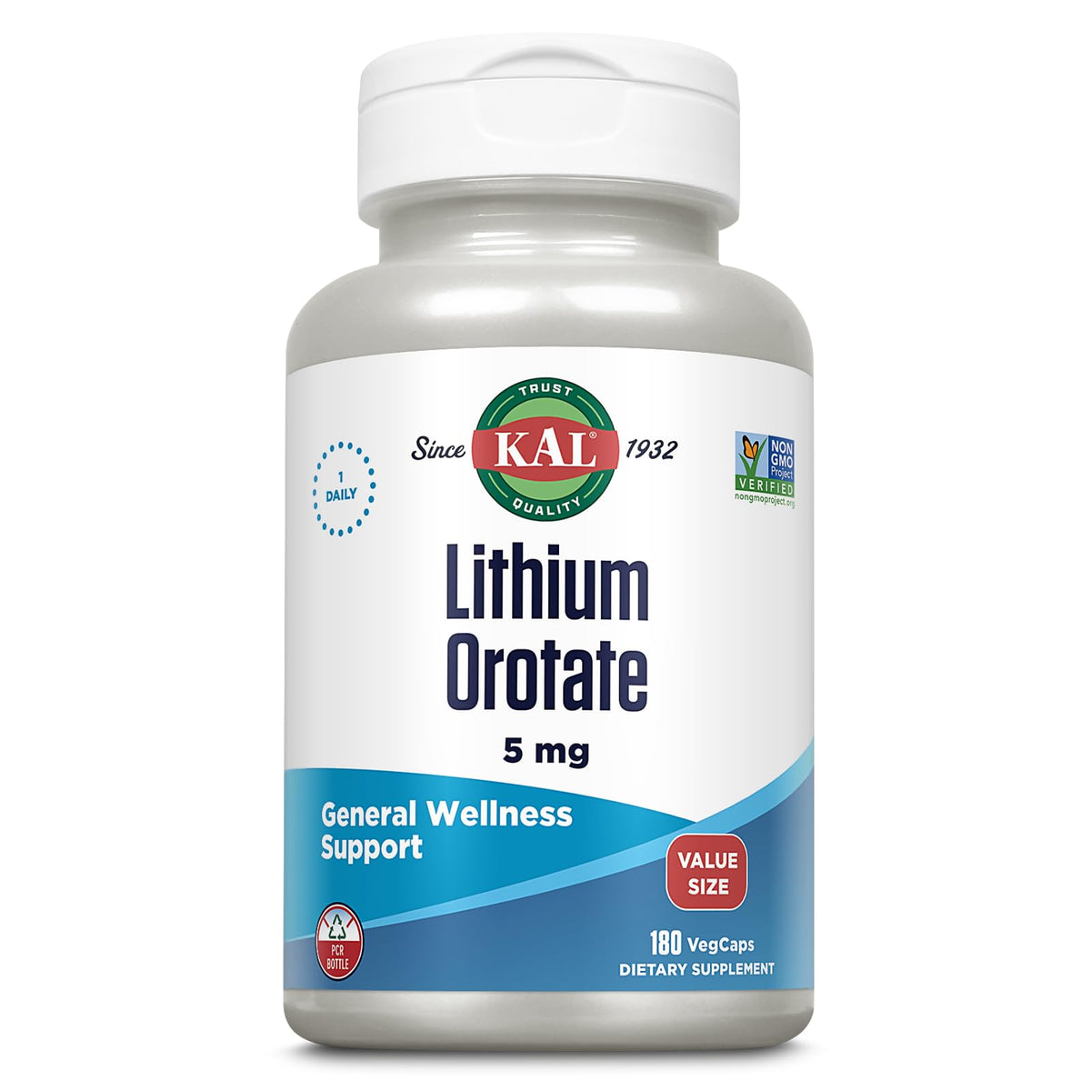 KAL Lithium Orotate 5 mg 180 VegCaps vue de face