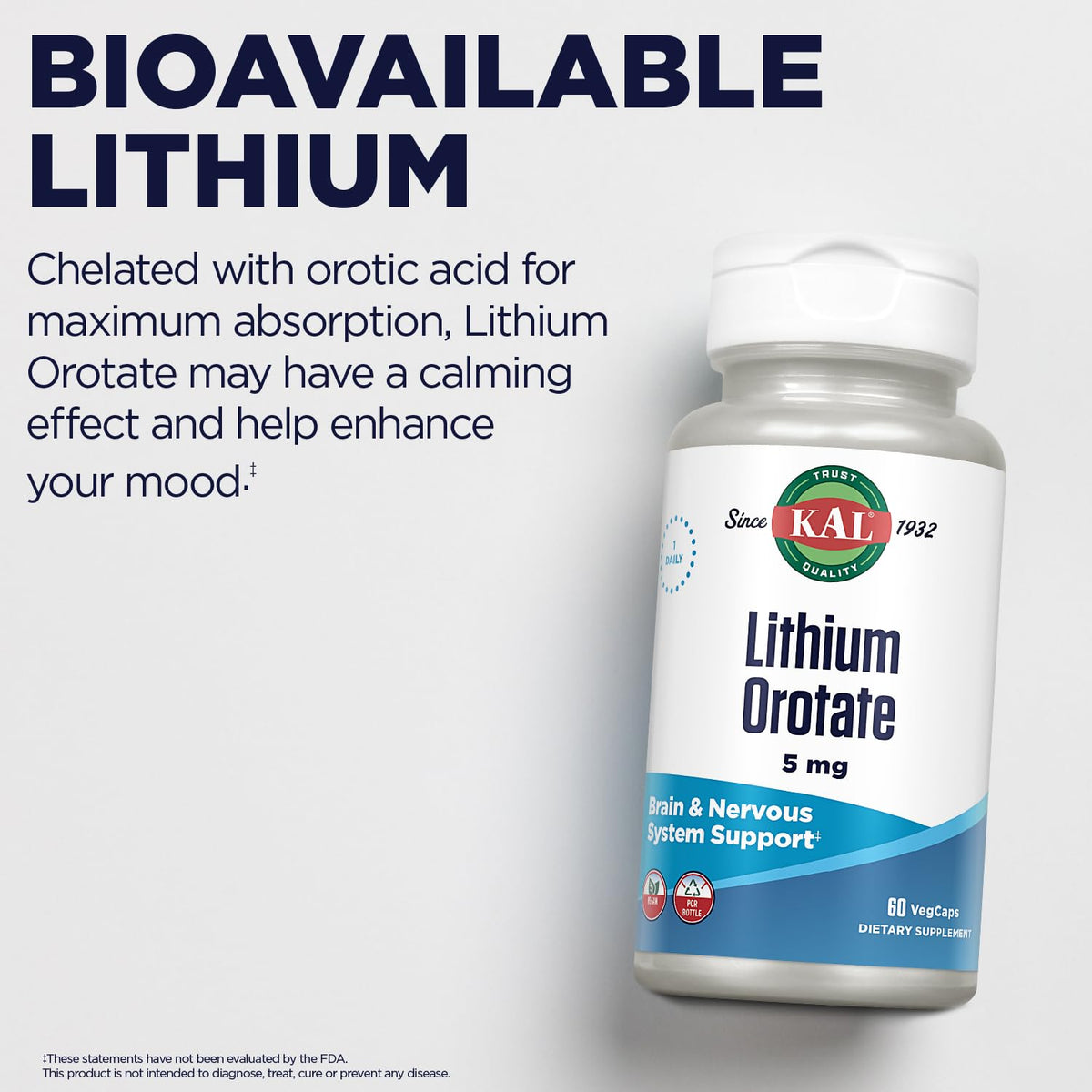 KAL Lithium Orotate 5mg capsules avec un fond naturel