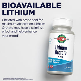 KAL Lithium Orotate 5mg capsules avec un fond naturel