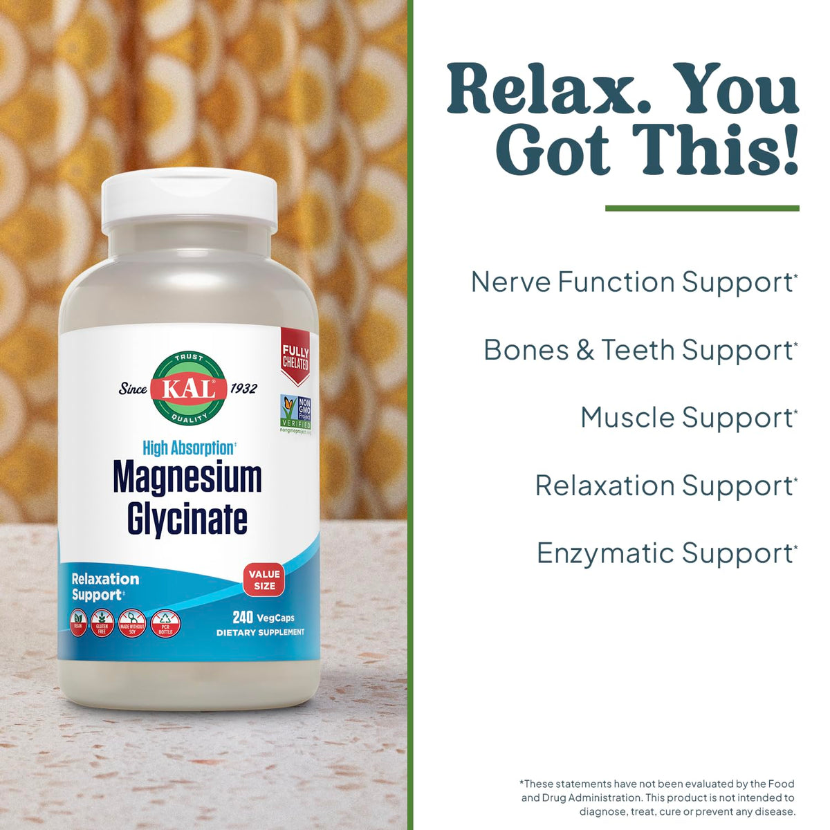 KAL Magnesium Glycinate 60 VegCaps sur une surface en bois
