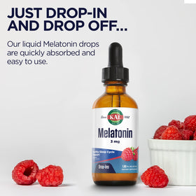 KAL Melatonin DropIns 3mg, flacon avec arrière-plan de framboises