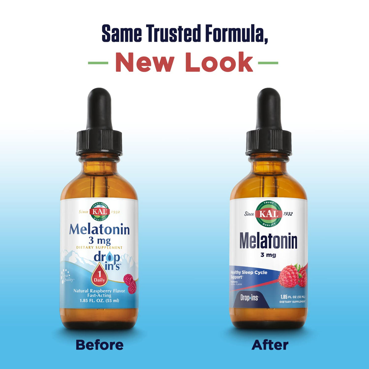 KAL Melatonin DropIns 3mg, flacon ouvert avec gouttes visibles