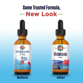 KAL Melatonin DropIns 3mg, flacon ouvert avec gouttes visibles