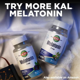 KAL Melatonine 1 mg comprimés avec des éléments naturels en arrière-plan