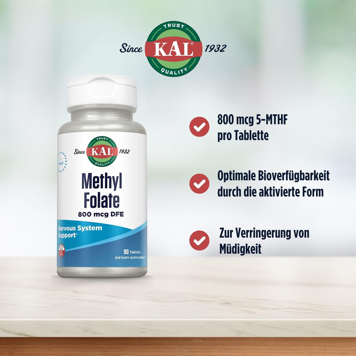 KAL Methyl Folate 800 mcg comprimé avec verre d'eau