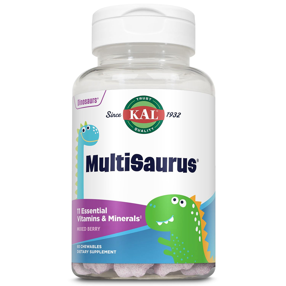 KAL Multivitamines Mâchables pour Enfants en forme de dinosaures, saveur fruits rouges