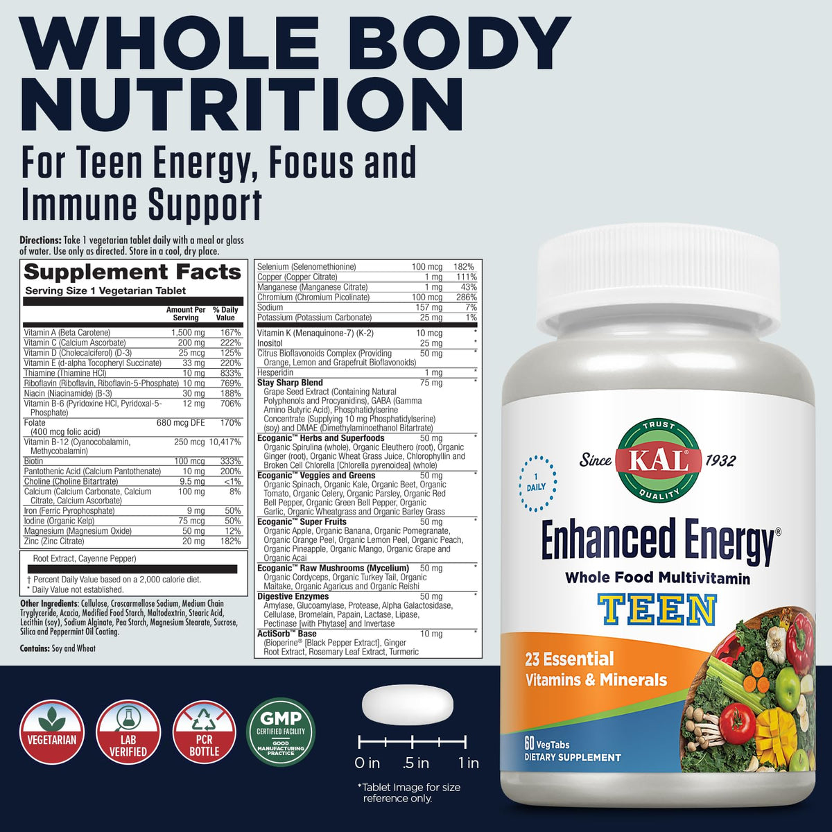 KAL Multivitamines pour Adolescents - emballage et informations nutritionnelles