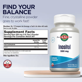 KAL Poudre d'Inositol 550mg contenu en poudre sur une surface