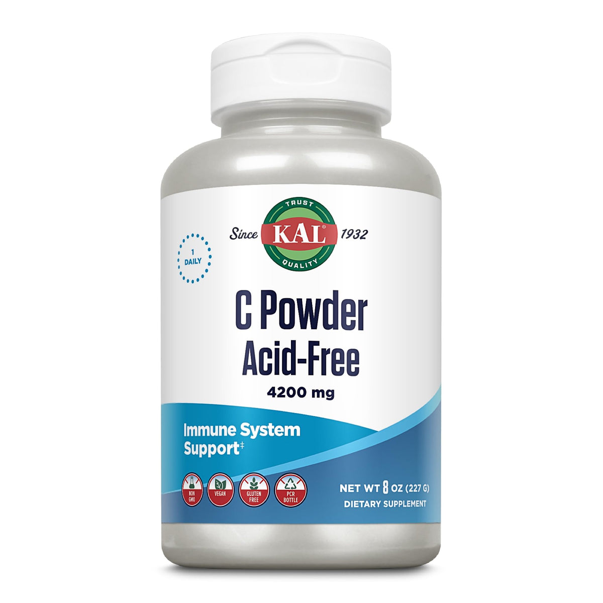 KAL Poudre de Vitamine C 4200 mg, vue arrière de l'emballage avec ingrédients