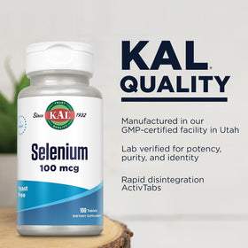 KAL Sélénium 100 mcg, comprimés sur une surface blanche