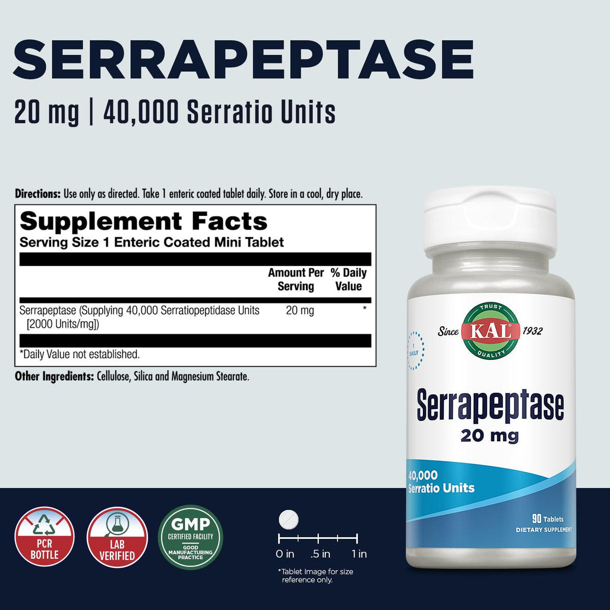 KAL Serrapeptase 20 mg, vue de l'arrière de l'emballage