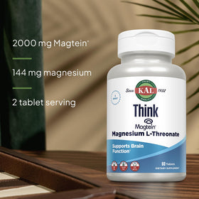 KAL Think Magnesium L-Threonate comprimés sur une surface blanche