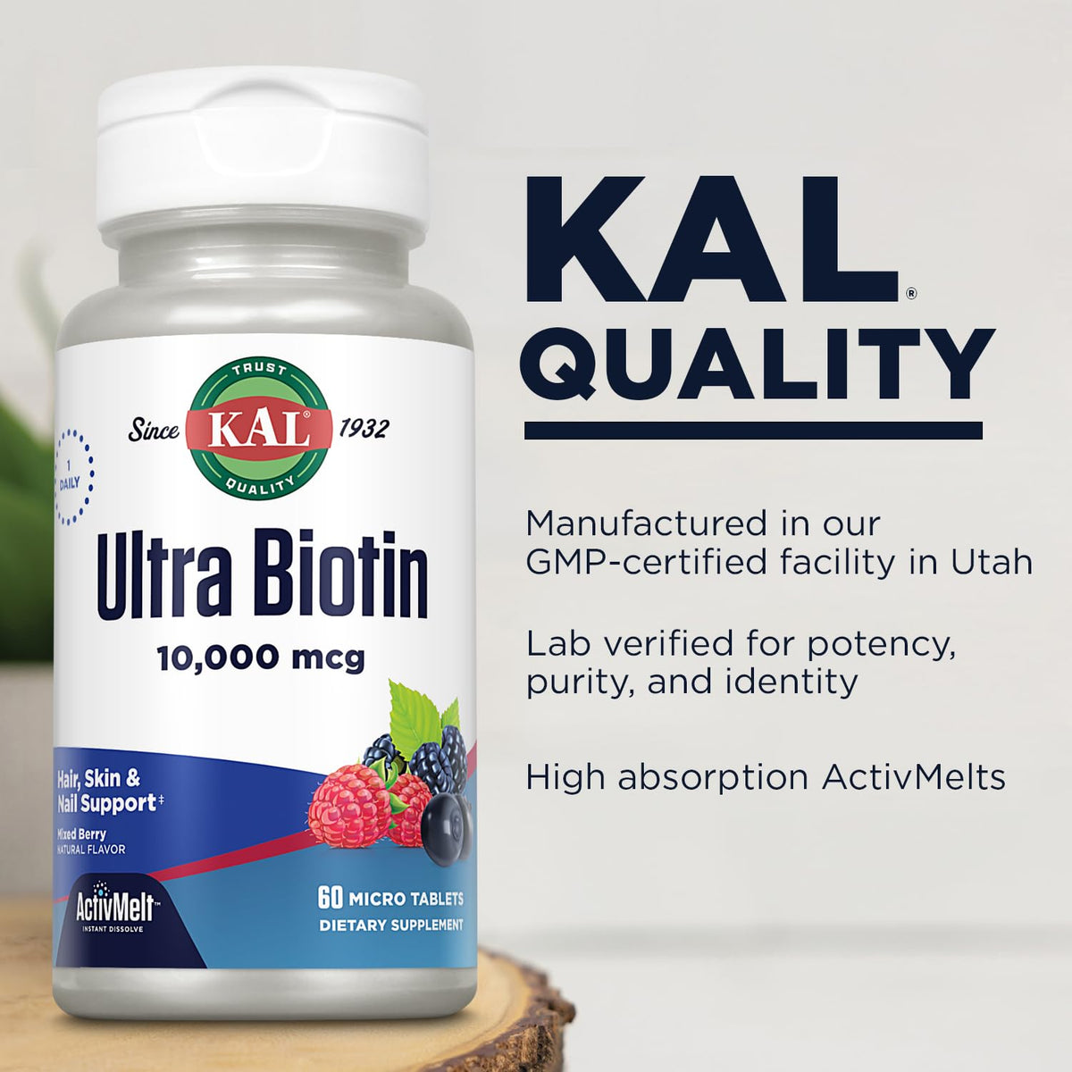 KAL Ultra Biotin 10000mcg micro-comprimés sur un fond blanc