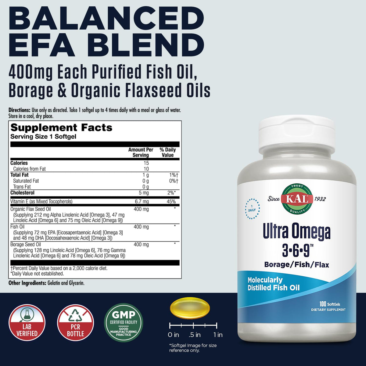 KAL Ultra Omega 3-6-9 1200mg gélules sur fond blanc