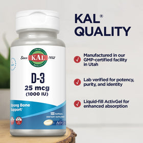 KAL Vitamine D3 1000 IU gélules sur fond blanc