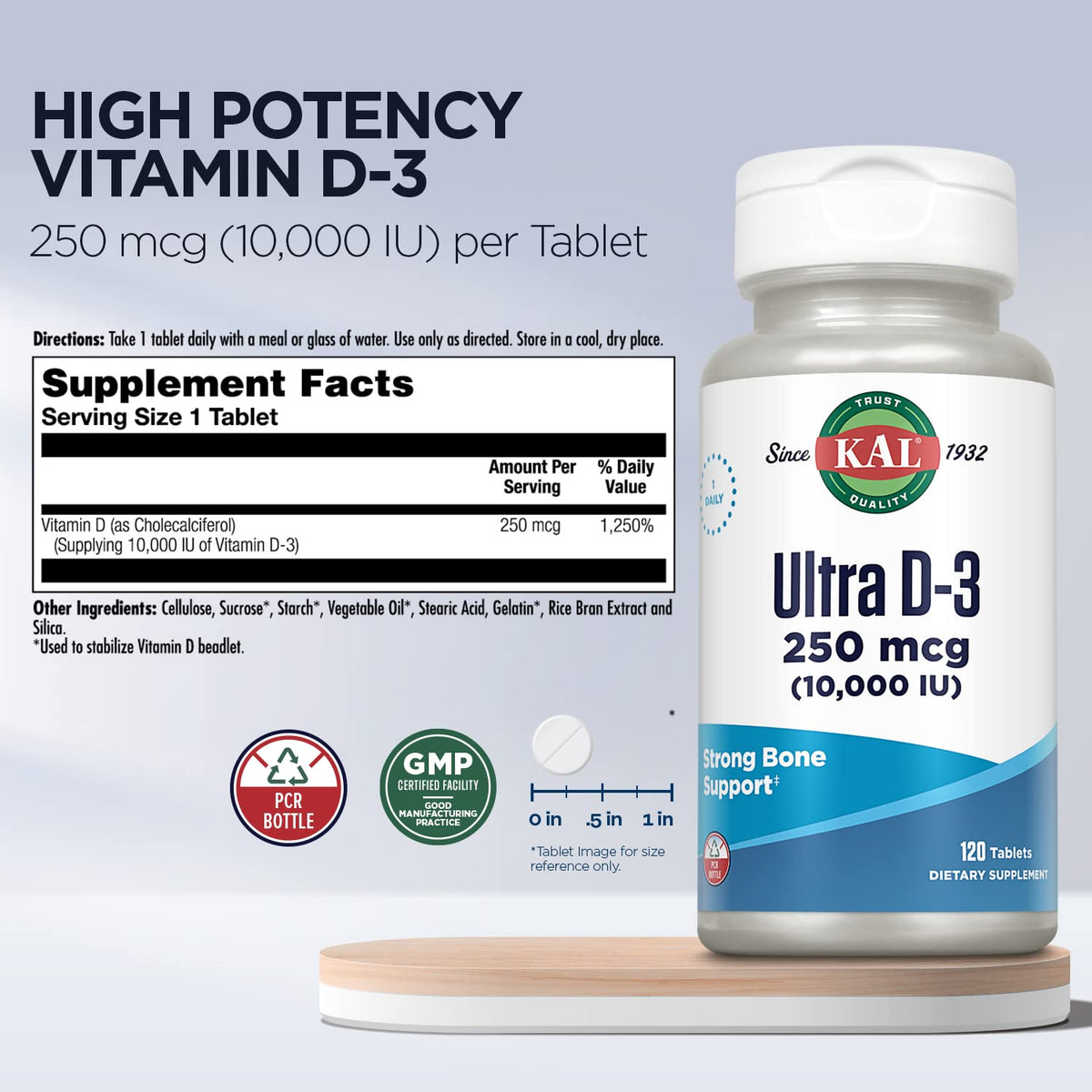 KAL Vitamine D3 10000 IU comprimés, dos de la boîte