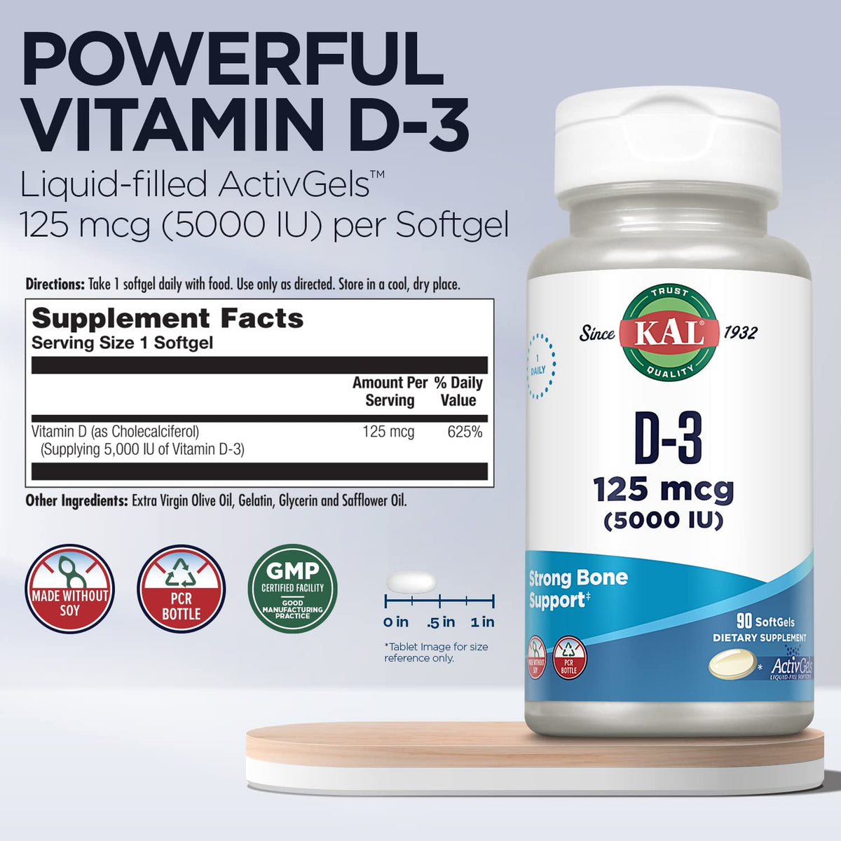KAL Vitamine D3 5000 UI gélules, détails de l'étiquette
