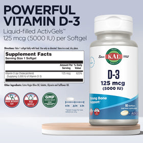 KAL Vitamine D3 5000 UI gélules, détails de l'étiquette