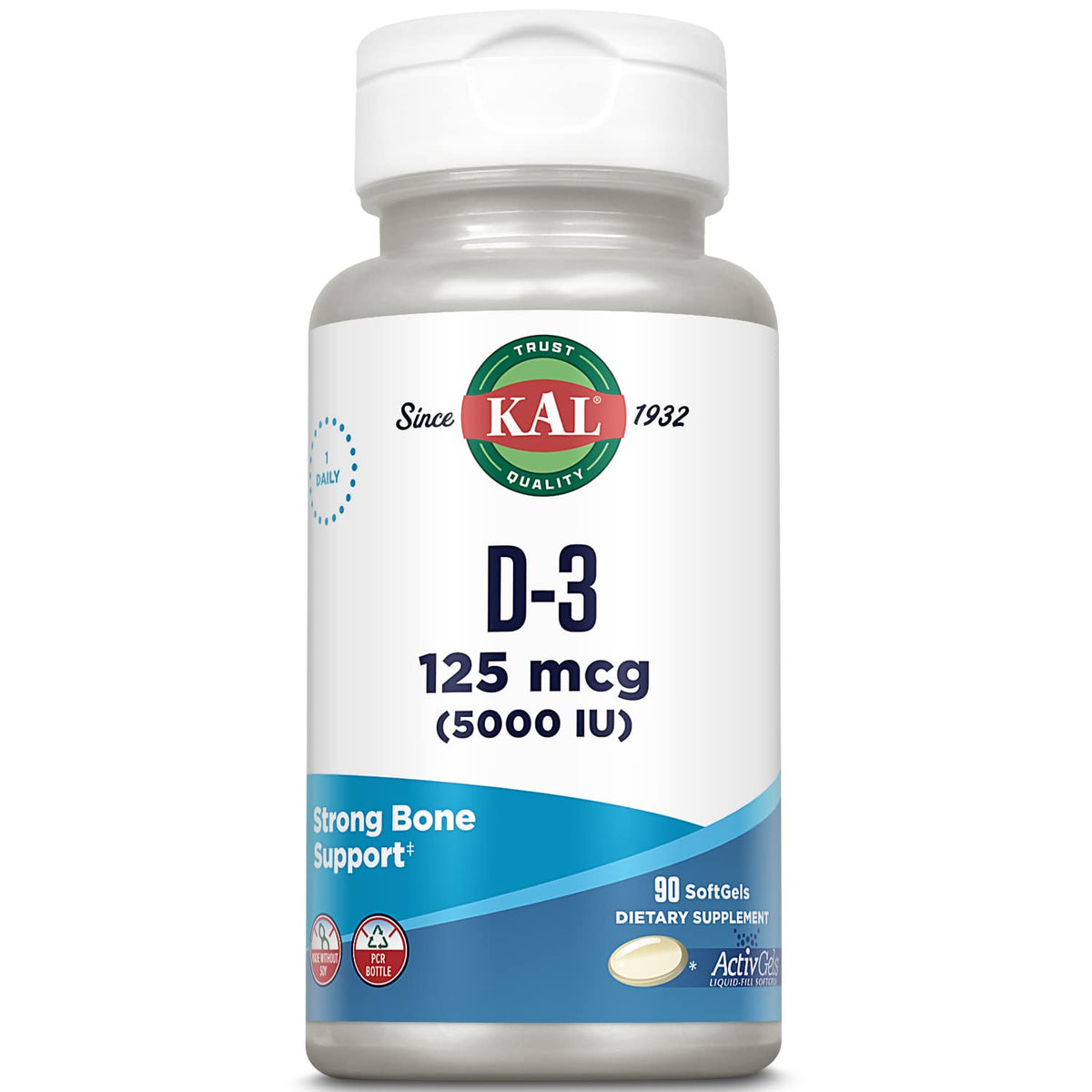 KAL Vitamine D3 5000 UI gélules liquides, paquet de 90