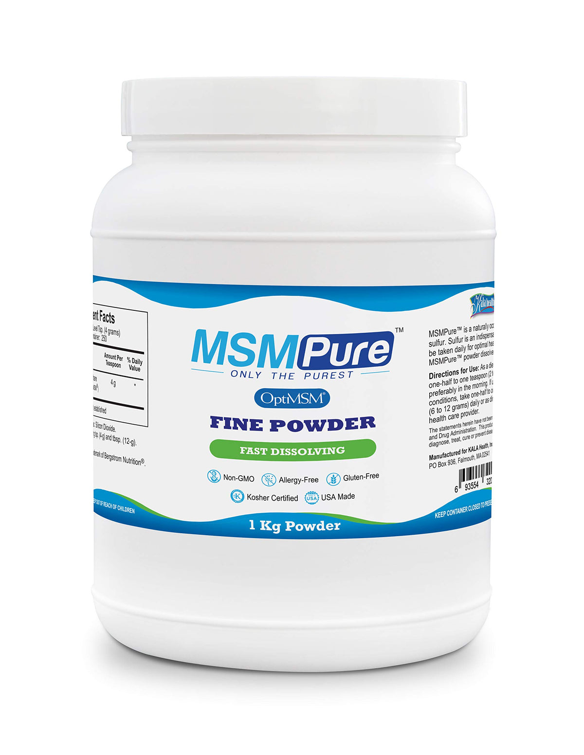 KALA HEALTH MSM Pure Poudre 2,2 lb vue de face avec étiquette