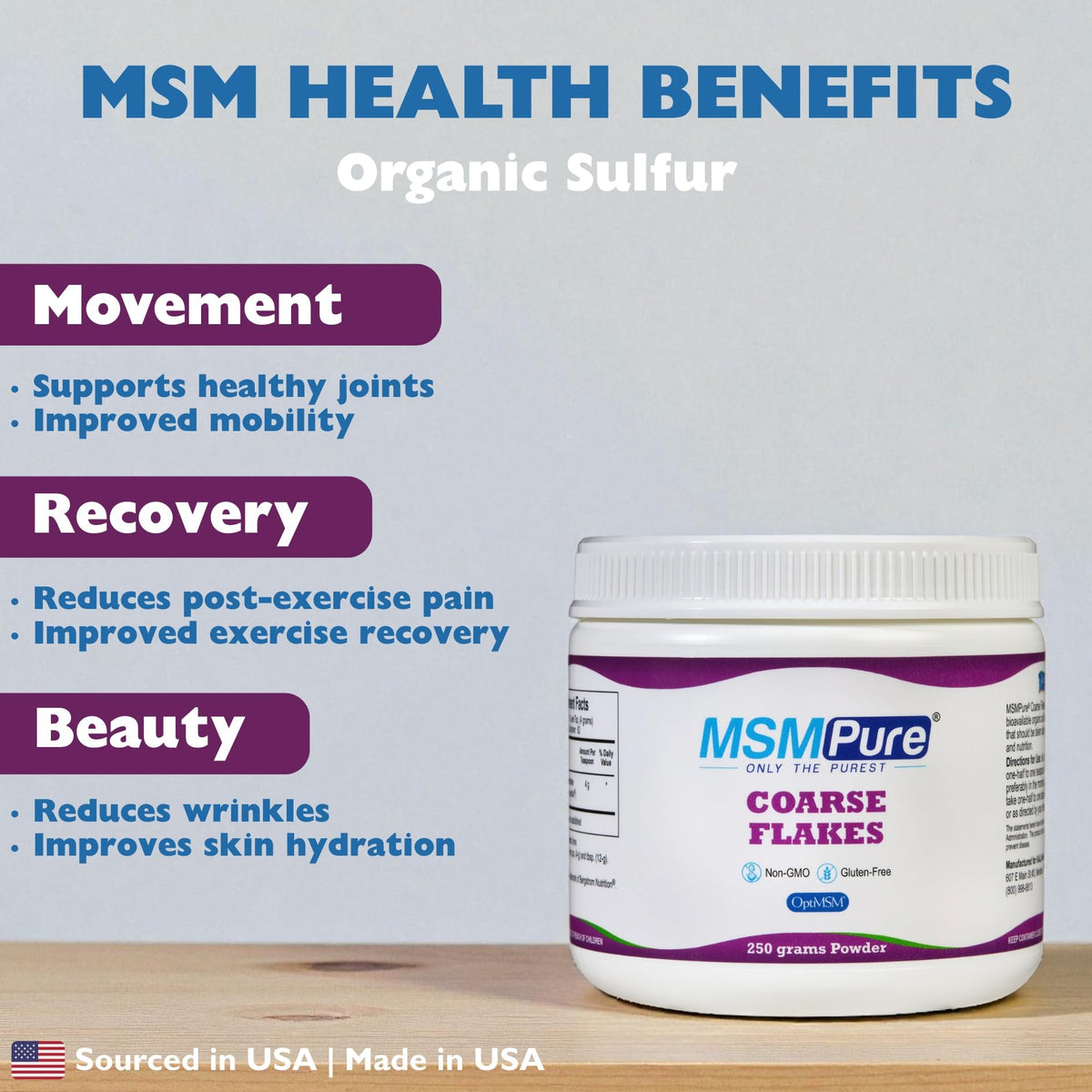 KALA HEALTH MSM Pure Poudre 308g contenant ouvert avec flocons