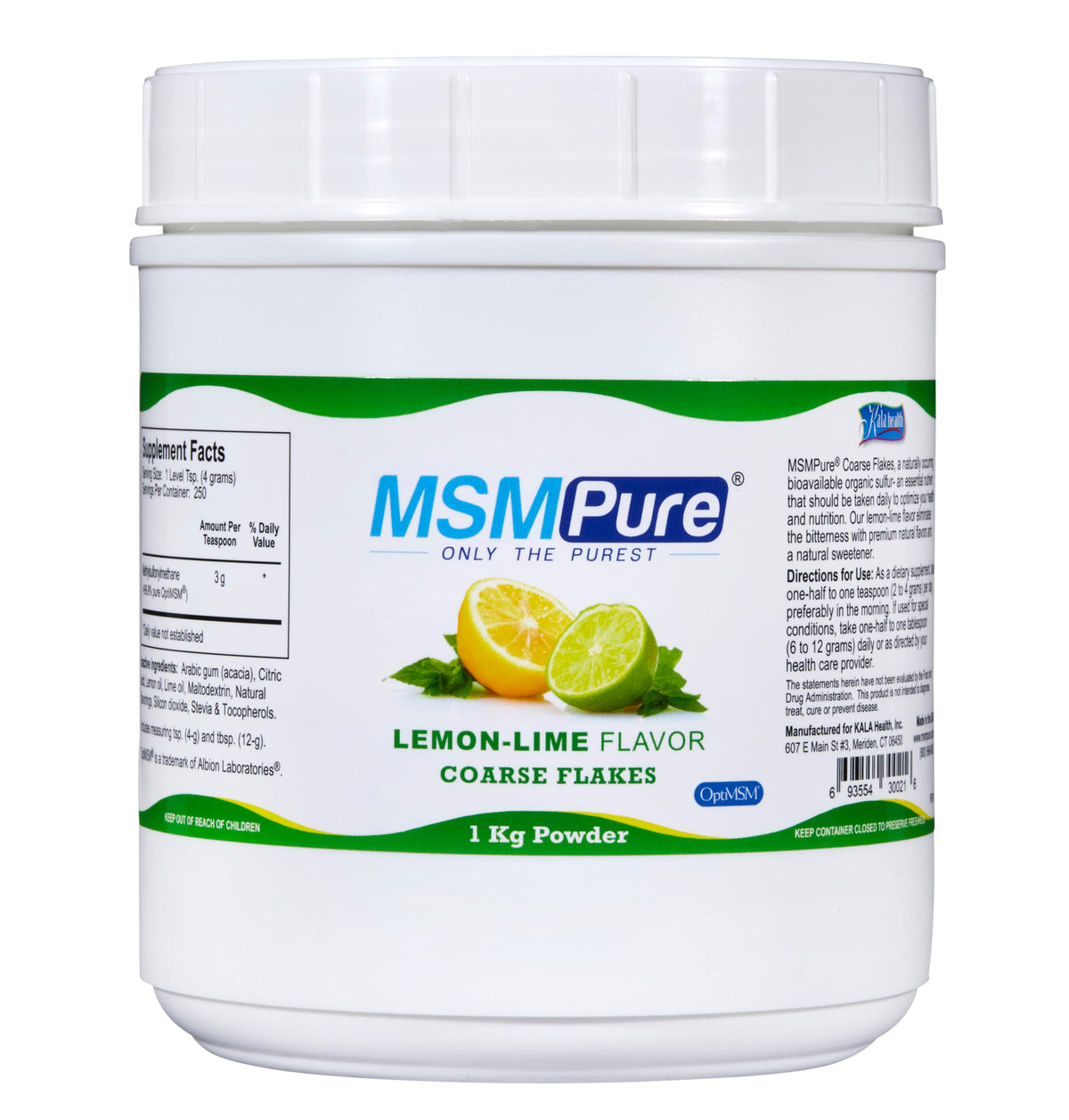 KALA HEALTH MSM Pure Poudre de MSM Saveur Citron Lime 1 kg vue de face