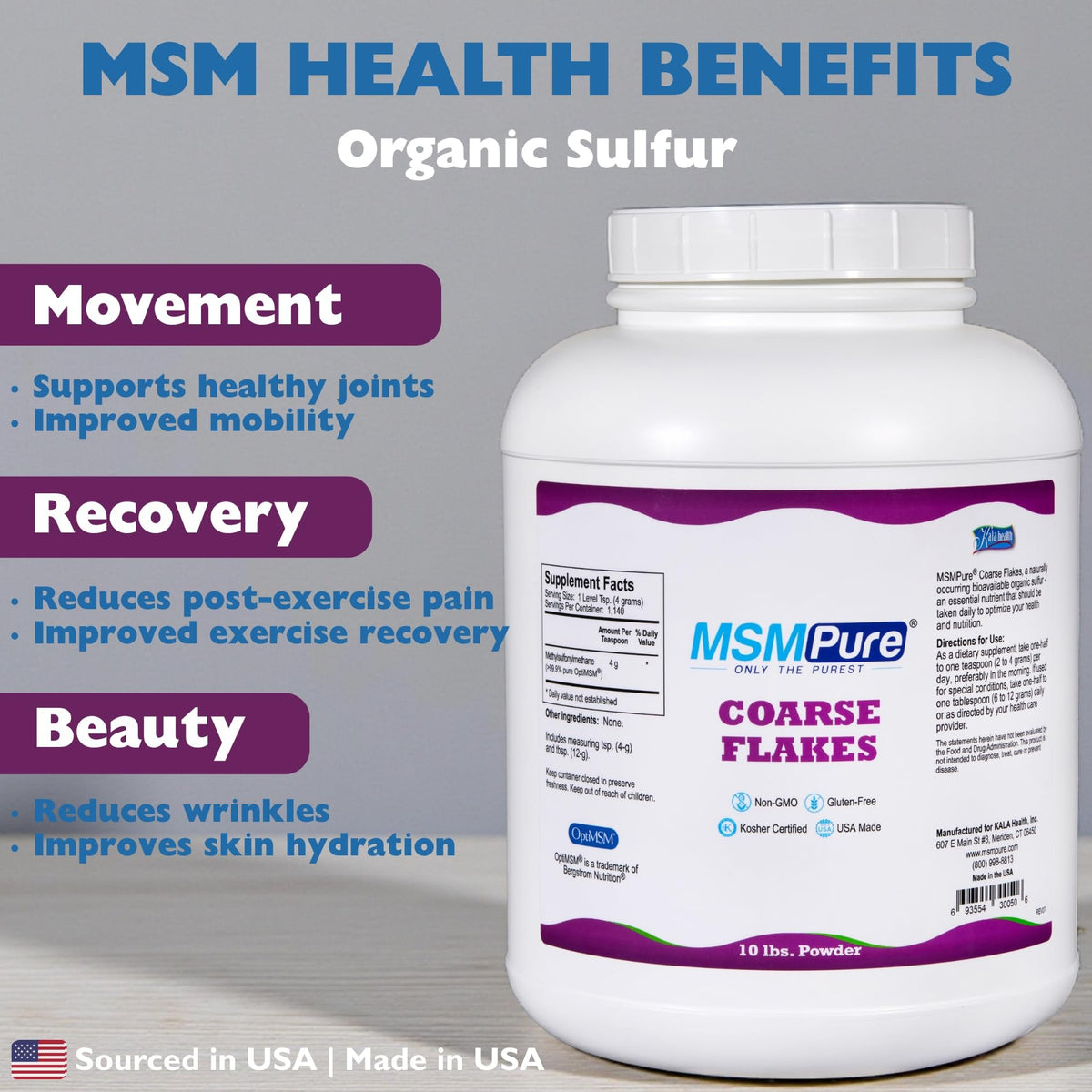 KALA HEALTH MSMPure MSM Powder 10 lb échantillon de poudre