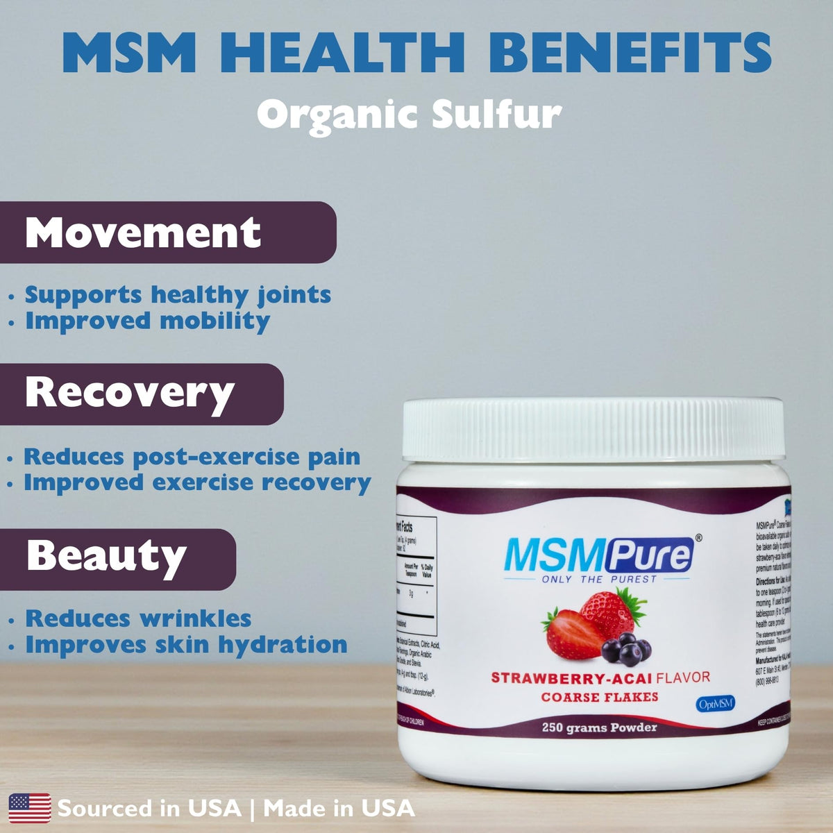 KALA HEALTH MSMPure Poudre de MSM Fraise Açaï 340g flocons dans un verre d'eau