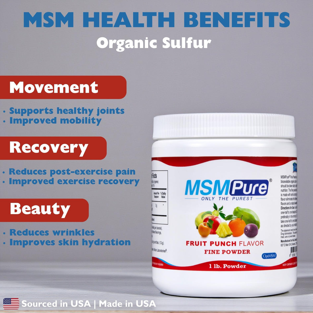 KALA HEALTH MSMPure Poudre de MSM Saveur Fruit Punch 544g étiquette