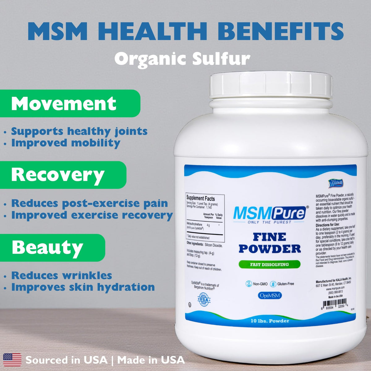 KALA HEALTH MSMPure Poudre MSM 10 lb avec étiquette