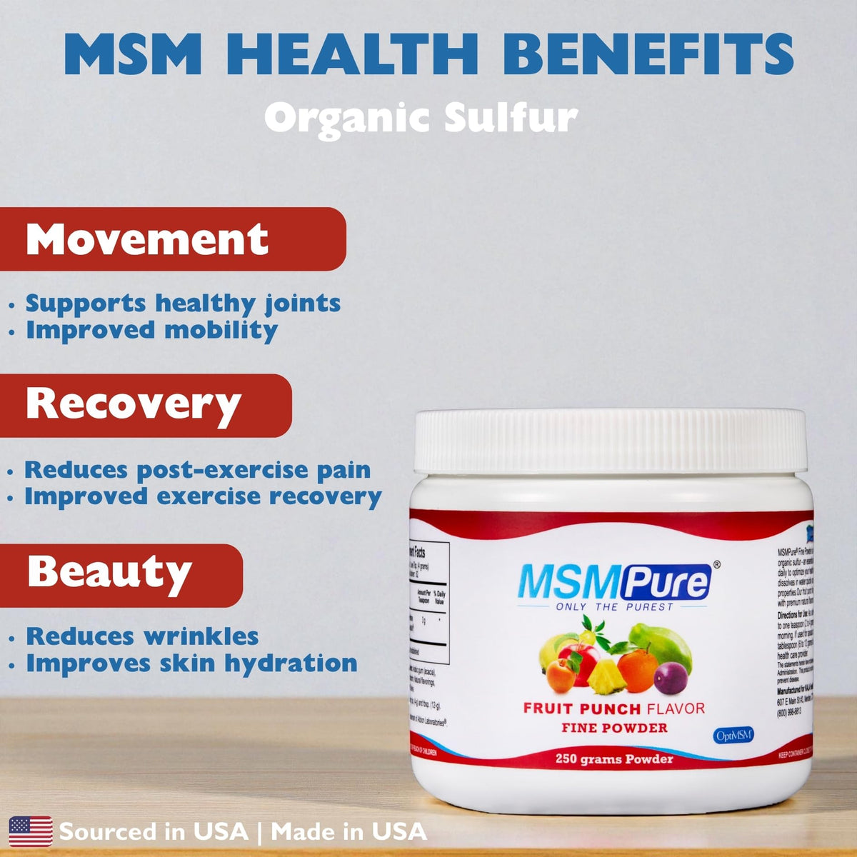 KALA HEALTH MSMPure Poudre MSM Saveur Fruit Punch 283g emballage