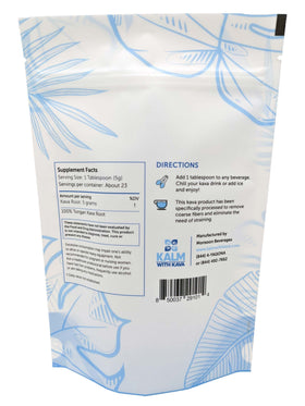 KALM Pouni Ono Kava Micronisé 227g en poudre dans un verre