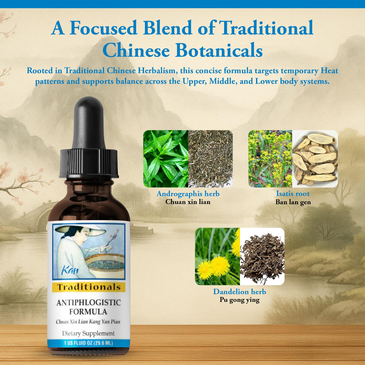 Kan Herbs formule antiphlogistique posée sur une surface en bois