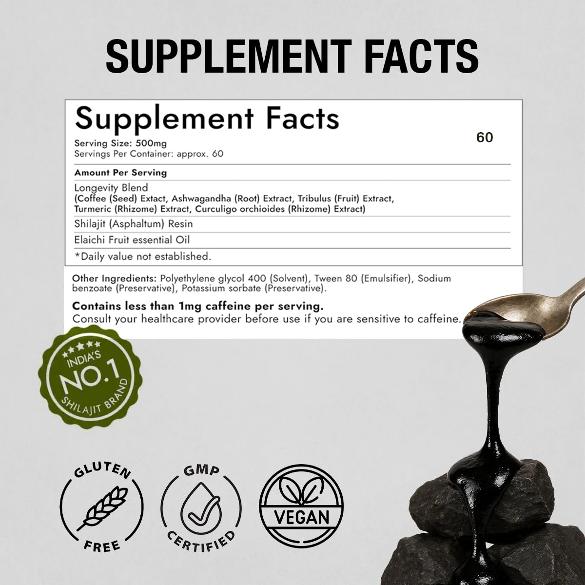 Kapiva Résine de Shilajit Himalayen 500mg avec ingrédients naturels