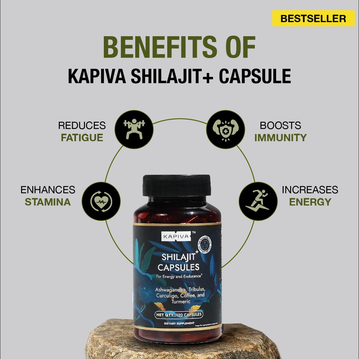 Kapiva Shilajit Himalayen Bio capsules sur une surface en bois