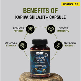 Kapiva Shilajit Himalayen Bio capsules sur une surface en bois