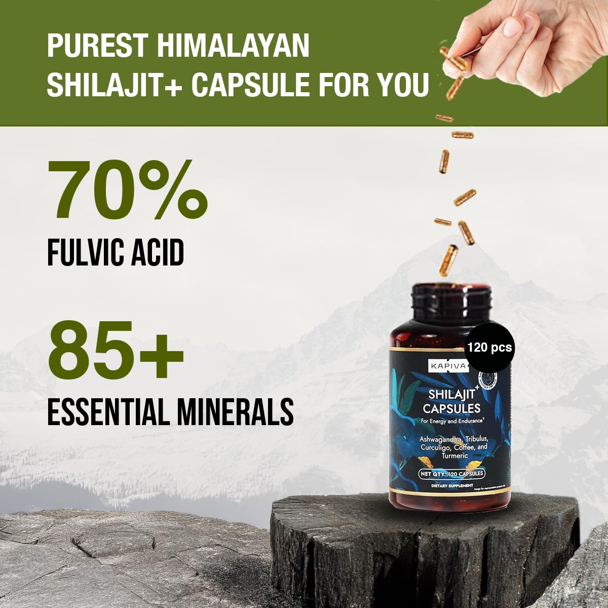 Kapiva Shilajit Himalayen Bio ingrédients sur l'étiquette