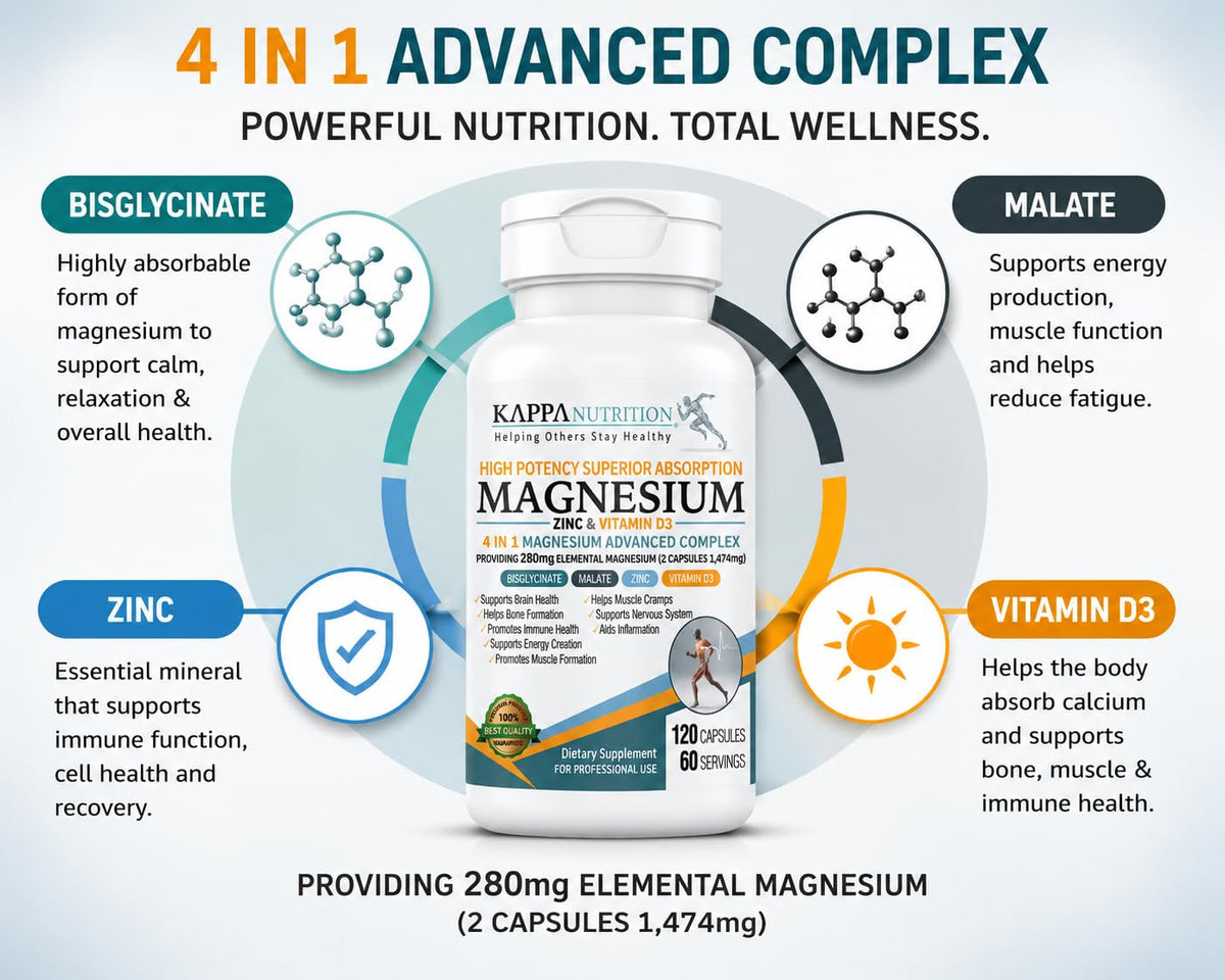 KAPPA NUTRITION Magnésium 4-en-1 280mg capsules avec verre d'eau