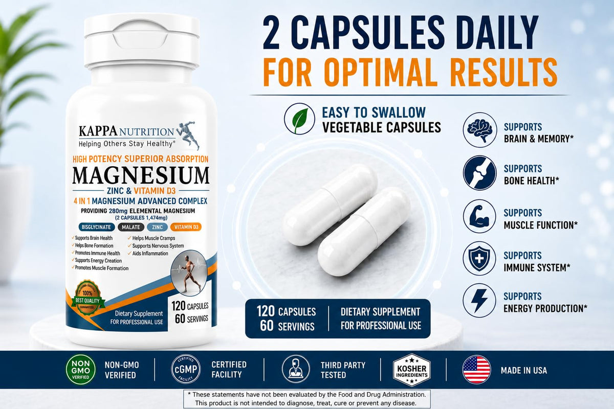 KAPPA NUTRITION Magnésium 4-en-1 280mg capsules sur table
