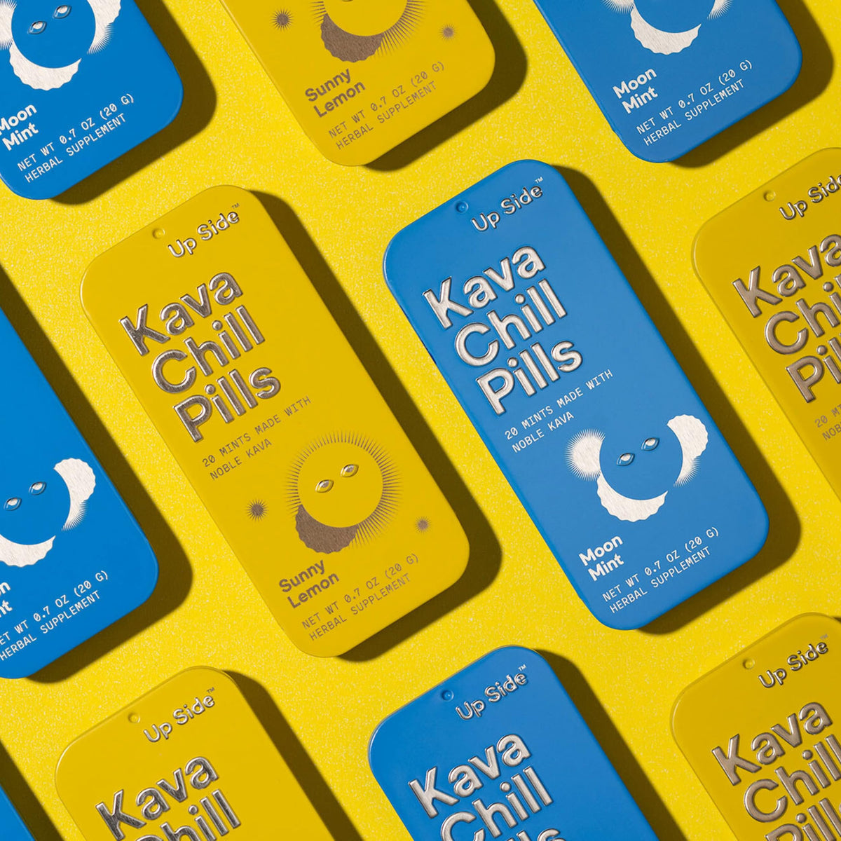 Kava Chill Pills d'Up Side boîte ouverte montrant les pastilles