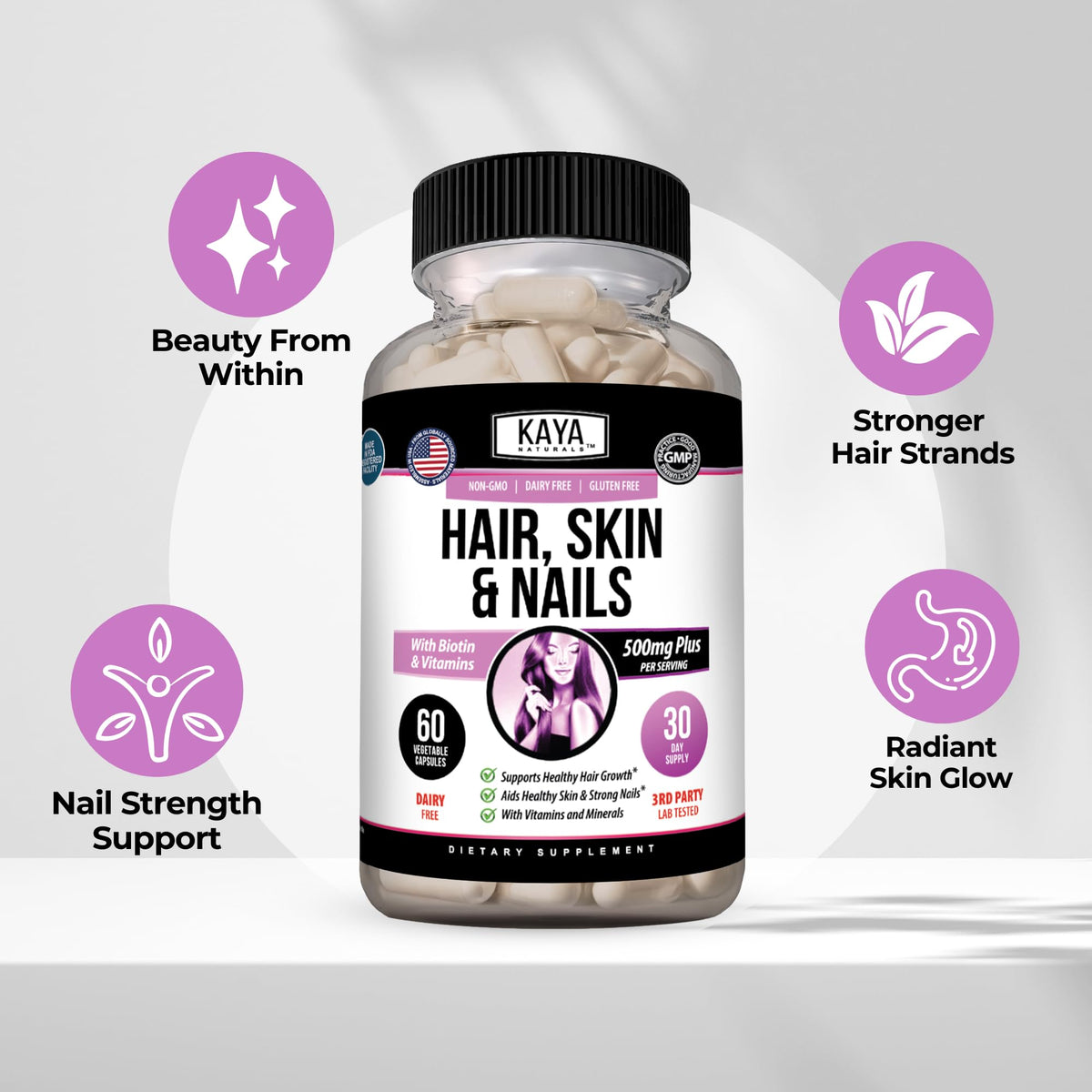 Kaya Naturals Capsules Cheveux Peau Ongles 60 unités - capsules dans un verre