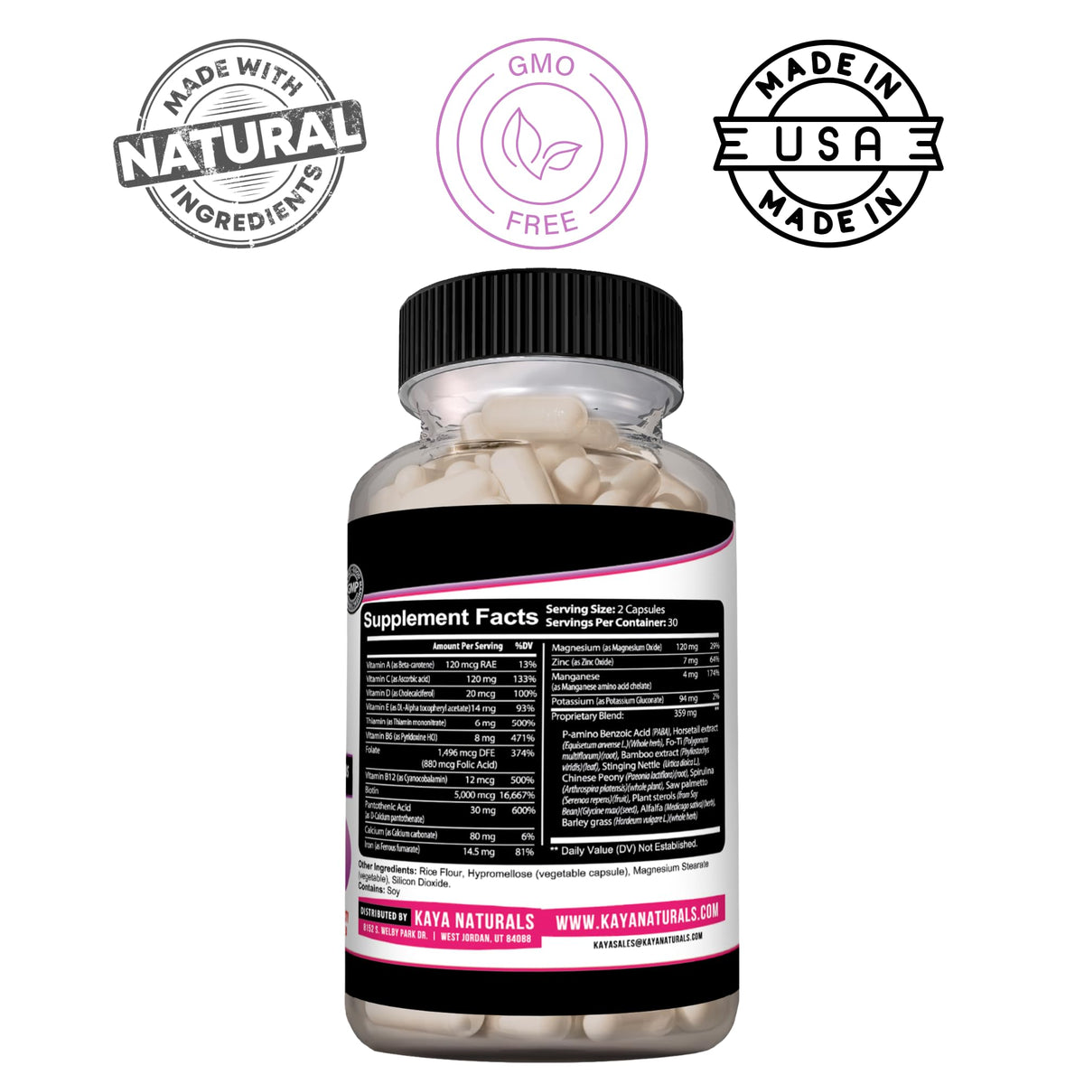 Kaya Naturals Capsules Cheveux Peau Ongles 60 unités - étiquette des ingrédients