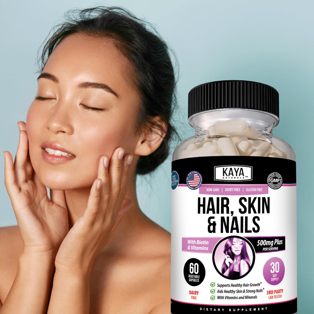 Kaya Naturals Capsules Cheveux Peau Ongles 60 unités - mise en scène avec des plantes