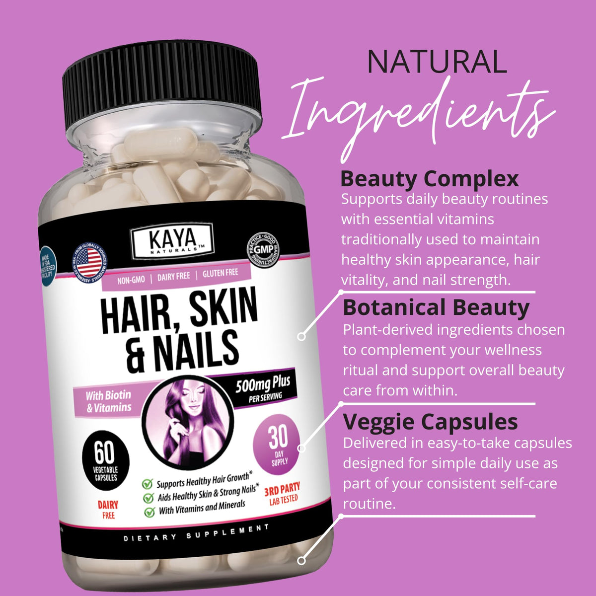 Kaya Naturals Capsules Cheveux Peau Ongles 60 unités - présentation sur une table