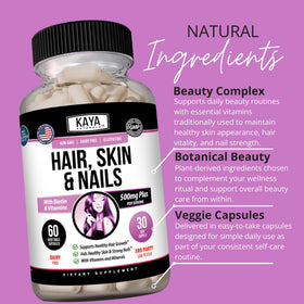 Kaya Naturals Capsules Cheveux Peau Ongles 60 unités - présentation sur une table