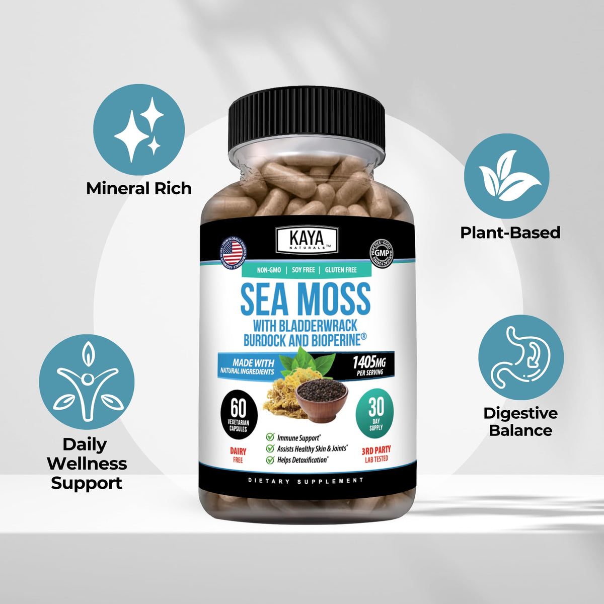 Kaya Naturals capsules de Mousse de Mer ouvertes avec contenu visible