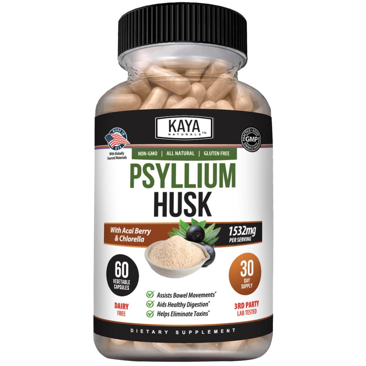 Kaya Naturals Capsules de Psyllium 60 unités, vue de face